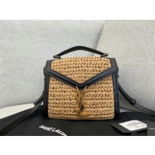 saint laurent cassandra mini top handle bag in raffia and leather black 623930