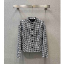 DIOR Black and White Houndstooth Wool Fitted Jacket with Officer Collar 2023