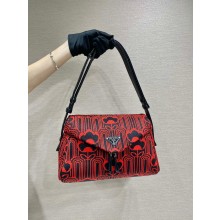 PRADA Jacquard knit and leather Prada Signaux bag 1BC165 BLACK/RED