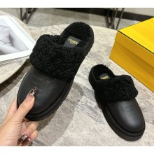 Fendi black FF leather slippers with shearling 2024