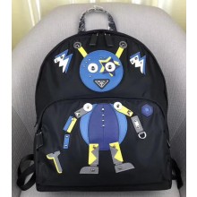 Prada Saffiano Leather and Technical Fabric Robot Backpack 2VZ066 Black/Cobalt Blue 