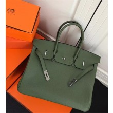 Hermes Birkin 35 Bag In Original Epsom Leather With Silver Hardware Green 