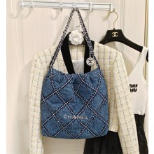 Chanel Stitched Denim & Silver-Tone Metal Blue 22 Small Handbag AS3260 2024