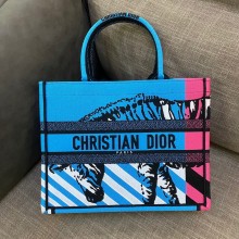 dior Bright Blue and Pink D-Jungle Pop Embroidery Medium Book Tote 