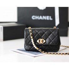 CHANEL Calfskin, Imitation Pearls & Gold-Tone Metal Black MINI FLAP BAG as3000(original quality)