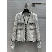 CHANEL Embroidered Iridescent Cotton Tweed White, Black, Gold & Purple JACKET P76325 2024