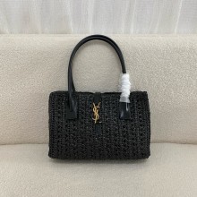 SAINT LAURENT PANIER RECTANGLE in raffia and leather black 2024(original quality)