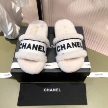chanel logo flat mules with shearling white 2021
