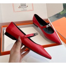 Hermes Pointed-toe ballet flat in calfskin with iconic Kelly buckle red  2024