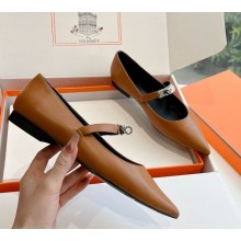 Hermes Pointed-toe ballet flat in calfskin with iconic Kelly buckle brown  2024