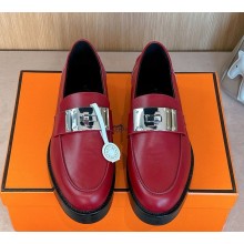 Hermes Hot loafer in calfskin with palladium-plated oversized Kelly buckle burgundy 2024