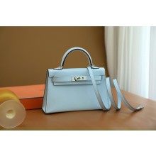 Hermes Mini Kelly II Handbag in original epsom leather bleu brume with silver hardware(handmade)