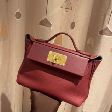 HERMES 24/24 MINI KELLY BAG IN evercolor/swift LEATHER BURGUNDY(full handmade)