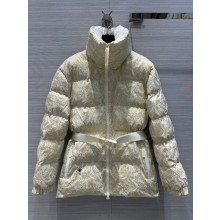 DIOR White Quilted Technical Taffeta with Gold-Tone Allover Butterfly Motif DiorAlps Puffer Jacket with Belt 2023