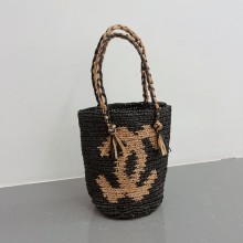 chanel logo printed raffia bucket bag black 2023