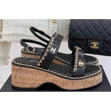Chanel platform double C with chain sandals Black leather 2025