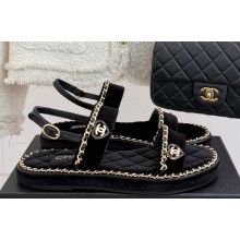 Chanel flat double C with chain sandals Black suede 2025