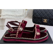 Chanel flat double C with chain sandals burgundy suede 2025