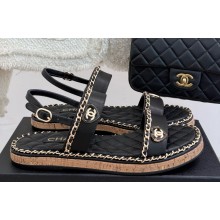 Chanel flat double C with chain sandals Black leather 2025