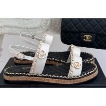 Chanel flat double C with chain sandals white leather 2025