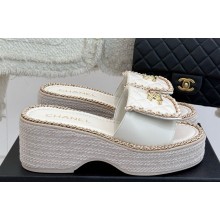 Chanel platform CC Turn Lock with chain slippers white leather 2025