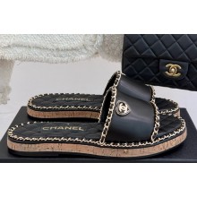 Chanel flat double C with chain slippers black leather 2025