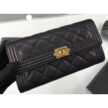 Chanel Grained Calfskin Boy Long Flap Wallet A80286 Black/Gold