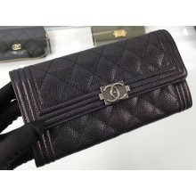 Chanel Grained Calfskin Boy Long Flap Wallet A80286 Black/Silver