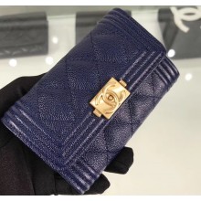 Chanel Grained Calfskin Boy Flap Card Holder A80603 Navy Blue/Gold
