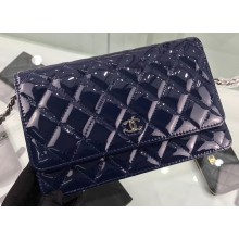 Chanel Wallet On Chain WOC Bag in Patent Leather Navy Blue/Silver