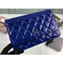 Chanel Wallet On Chain WOC Bag in Patent Leather Blue/Silver