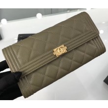 Chanel Grained Calfskin Boy Long Flap Wallet A80286 Olive Green/Gold