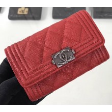 Chanel Grained Calfskin Boy Flap Card Holder A80603 Red/Silver