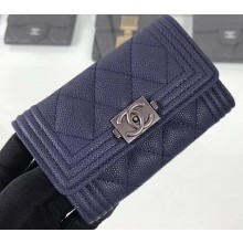 Chanel Grained Calfskin Boy Flap Card Holder A80603 Navy Blue/Silver