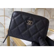 Chanel Classic Small Zipped Coin Purse 69272 Grained Calfskin Black/Silver