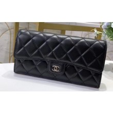 Chanel Classic Long Flap Wallet 30077 Lambskin Black/Silver