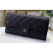 Chanel Classic Long Flap Wallet 30077 Grained Calfskin Black/Silver