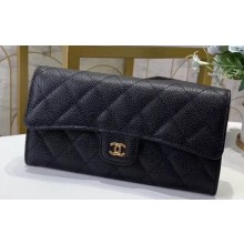 Chanel Classic Long Flap Wallet 30077 Grained Calfskin Black/Gold