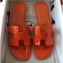 Hermes Oran Flat Slipper Sandals in Patent Calfskin Orange