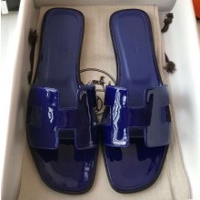 Hermes Oran Flat Slipper Sandals in Patent Calfskin Dark Blue