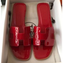 Hermes Oran Flat Slipper Sandals in Patent Calfskin Red