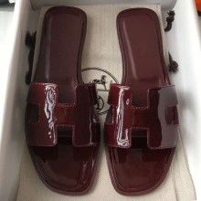 Hermes Oran Flat Slipper Sandals in Patent Calfskin Burgundy