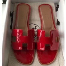Hermes Oran Flat Slipper Sandals in Patent Calfskin Red/Coffee