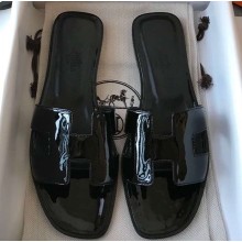 Hermes Oran Flat Slipper Sandals in Patent Calfskin Black