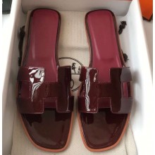 Hermes Oran Flat Slipper Sandals in Patent Calfskin Burgundy/Purple