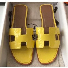 Hermes Oran Flat Slipper Sandals in Patent Calfskin Yellow