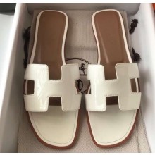 Hermes Oran Flat Slipper Sandals in Patent Calfskin White