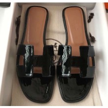 Hermes Oran Flat Slipper Sandals in Patent Calfskin Black/Coffee