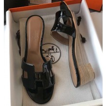 Hermes Heel 5cm Oasis Slipper Sandals in Patent Calfskin Black/Coffee