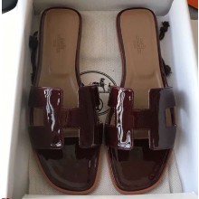 Hermes Oran Flat Slipper Sandals in Patent Calfskin Burgundy/Coffee